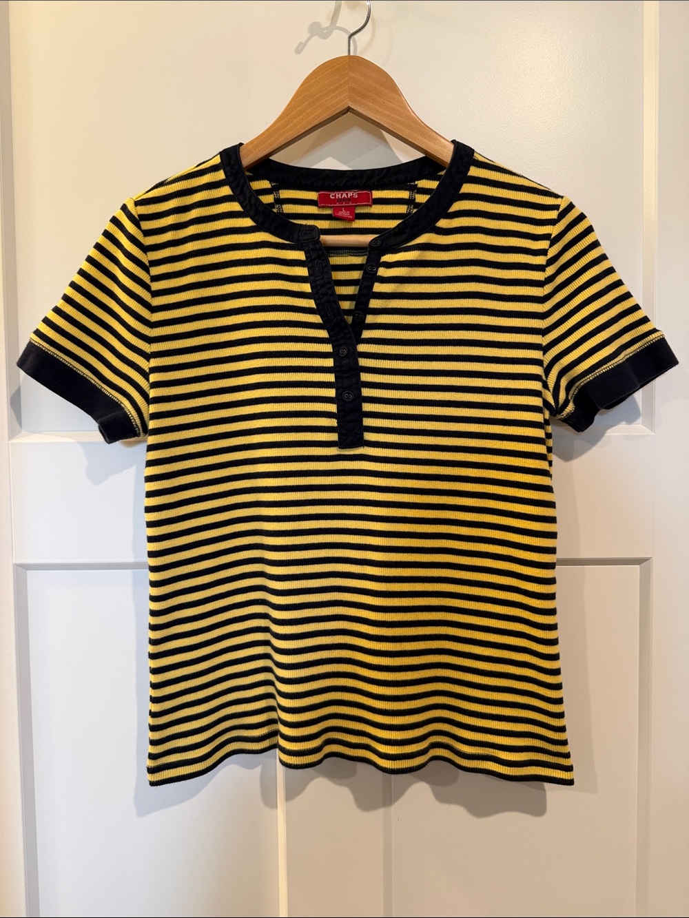 Chaps Yellow and Navy Striped Short Sleeve Henley Tee